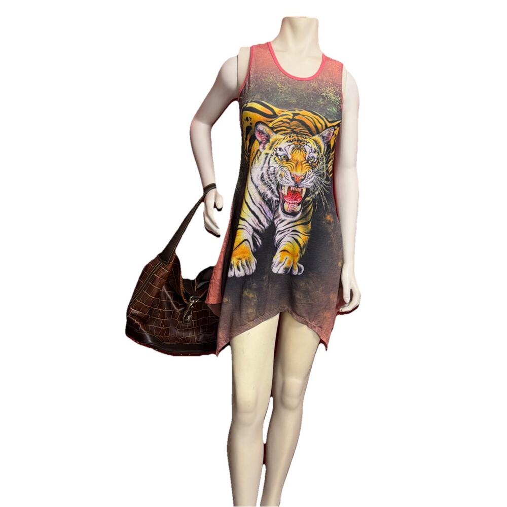 Y2K Tiger Dress Shirt Bling Sleeveless Sz Med Mesh Back Rhinestones Coral Beach